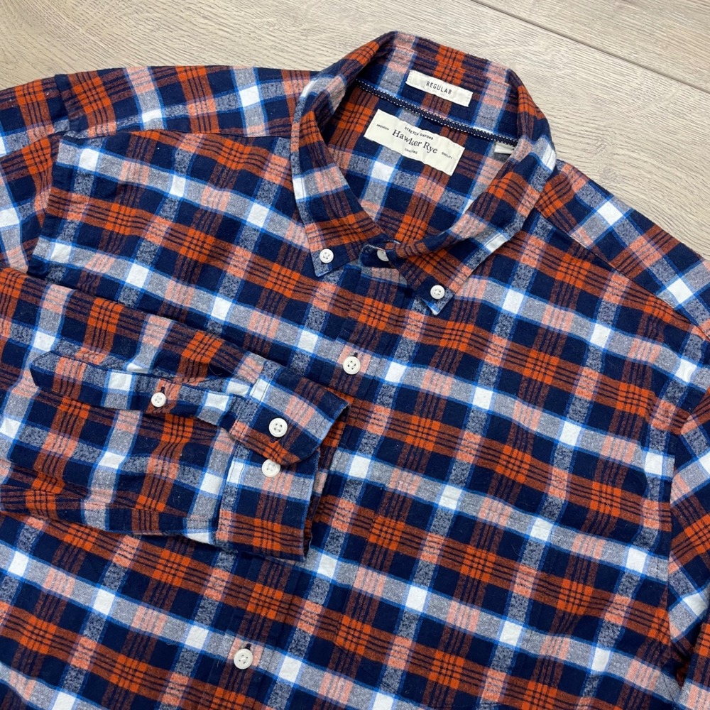 Hawker Rye Button Down Shirt Mens Large Navy Orange Plaid Stretch Flannel